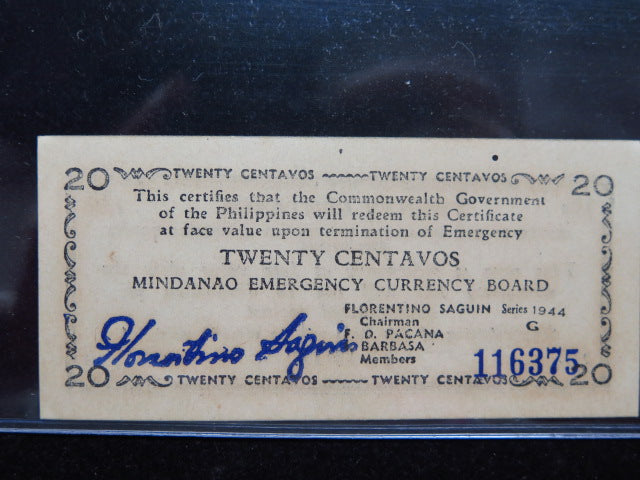 1944 Philippines Twenty Centavos Mindanao Emergency Currency Banknote, Store